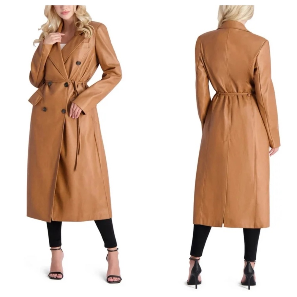 Anthropologie Avec Les Filles Camel Tan Double Breasted Faux Leather Trench Coat